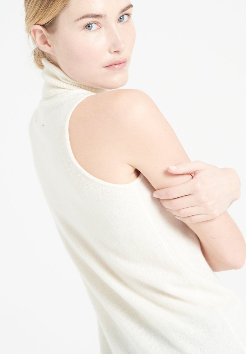 Pull col roulé sans manches femme en cachemire blanc écru - LILLY 13