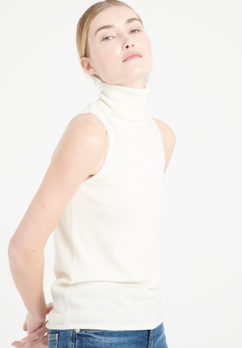 Pull col roulé sans manches femme en cachemire blanc écru - LILLY 13