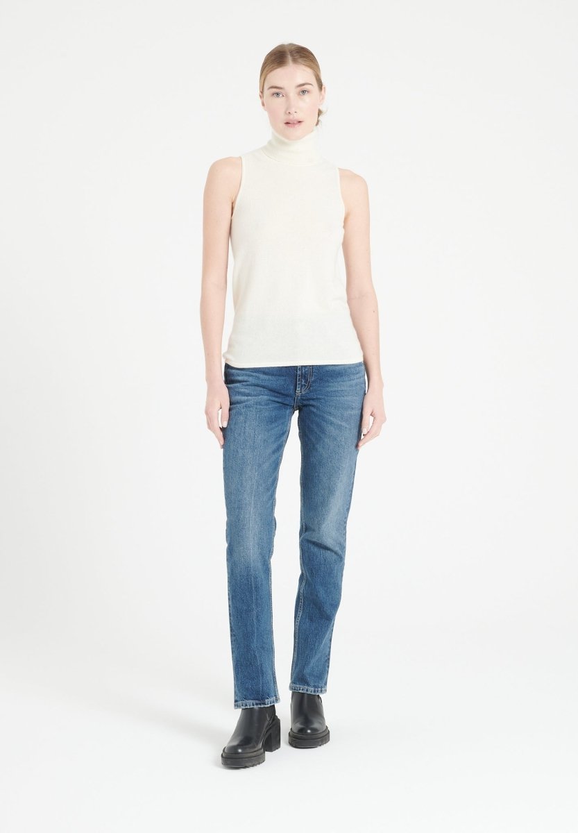 Pull col roulé sans manches femme en cachemire blanc écru - LILLY 13