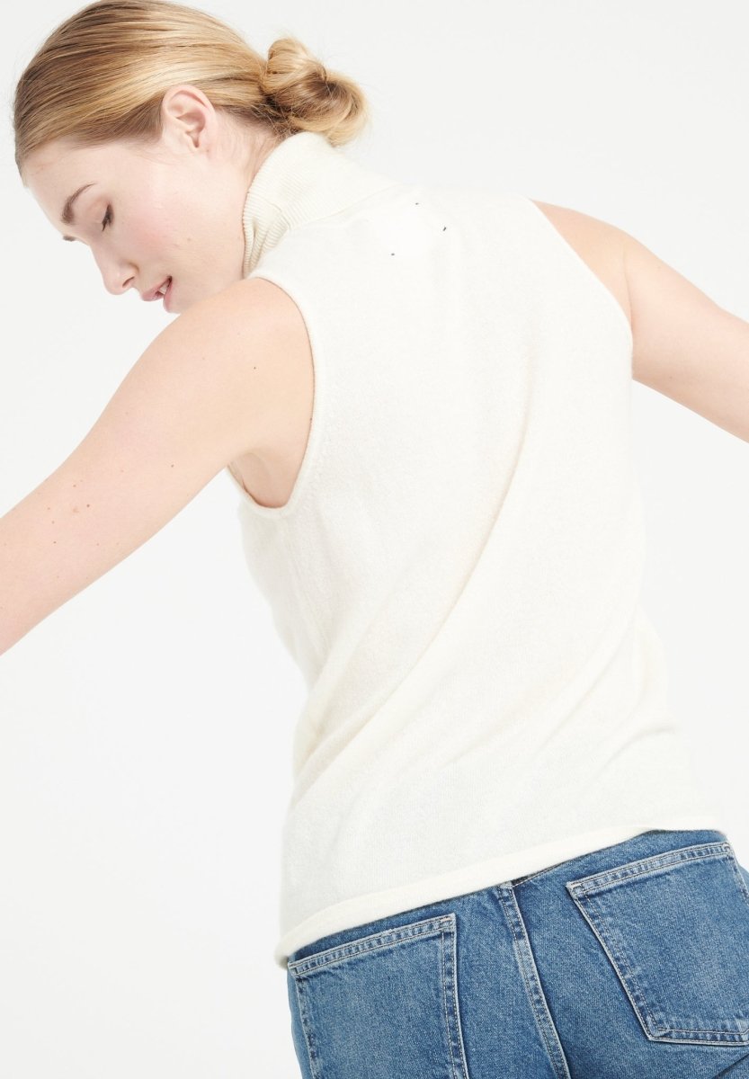 Pull col roulé sans manches femme en cachemire blanc écru - LILLY 13