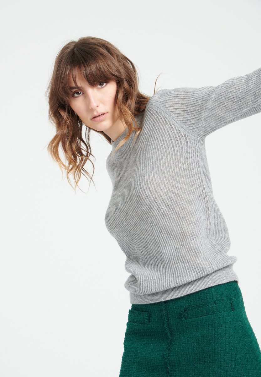 Pull col rond femme en cachemire ajouré gris clair - LILLY 23