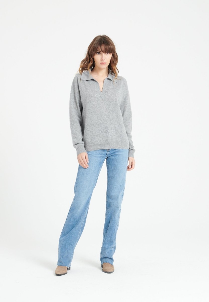 Polo manches longues femme en cachemire gris clair - MIA 3