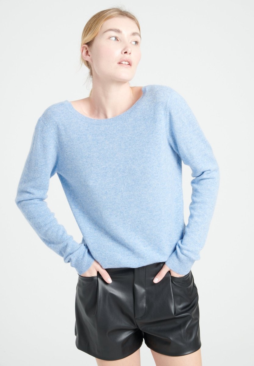 Pull décolleté V dans le dos femme en cachemire bleu ciel - MIA 7