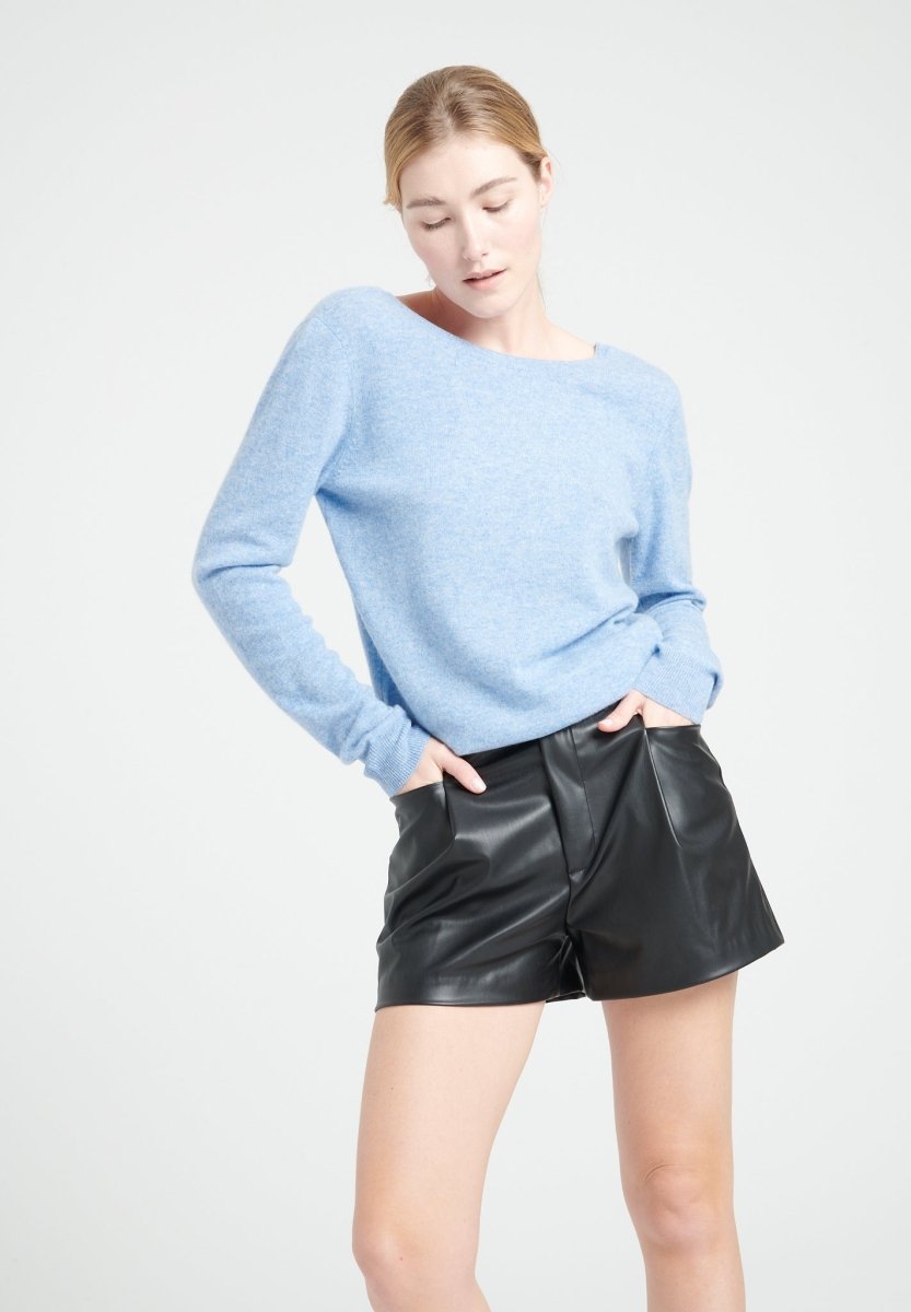 Pull décolleté V dans le dos femme en cachemire bleu ciel - MIA 7